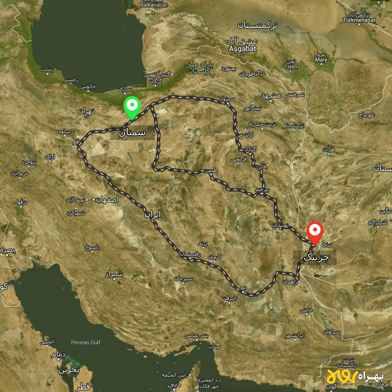 مسافت و فاصله جزینک - سیستان و بلوچستان تا سمنان از ۳ مسیر - مرداد ۱۴۰۳