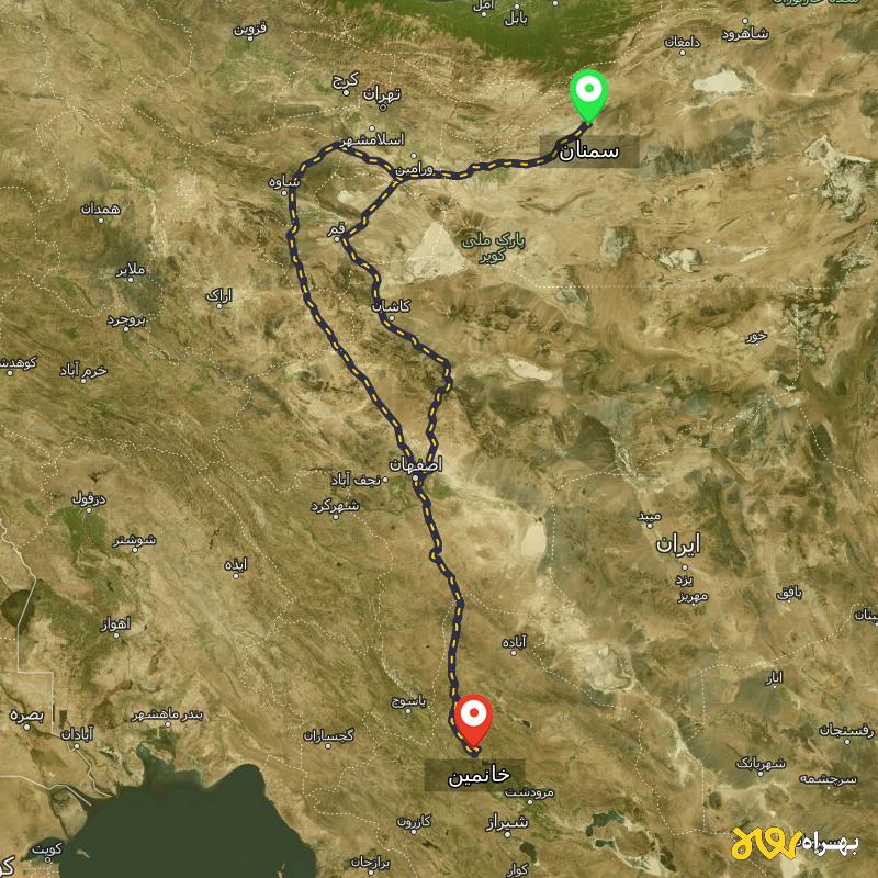 مسافت و فاصله خانمین - فارس تا سمنان از ۲ مسیر - شهریور ۱۴۰۳