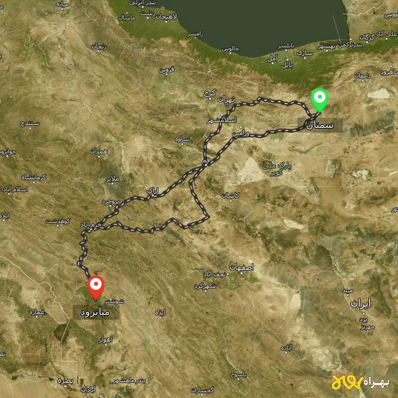 مسافت و فاصله میانرود - خوزستان تا سمنان از ۳ مسیر - شهریور ۱۴۰۳