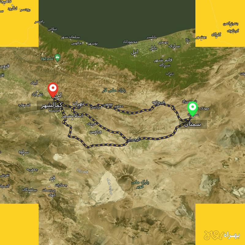 مسافت و فاصله کمالشهر - البرز تا سمنان از ۳ مسیر - آبان ۱۴۰۳