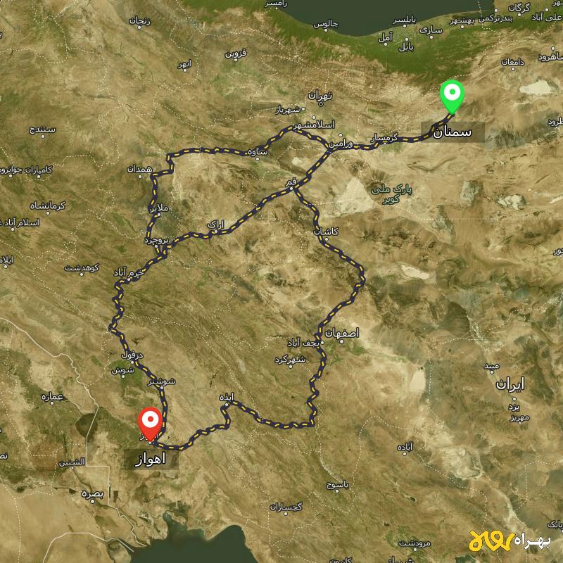 مسافت و فاصله اهواز تا سمنان از ۳ مسیر - مهر ۱۴۰۳