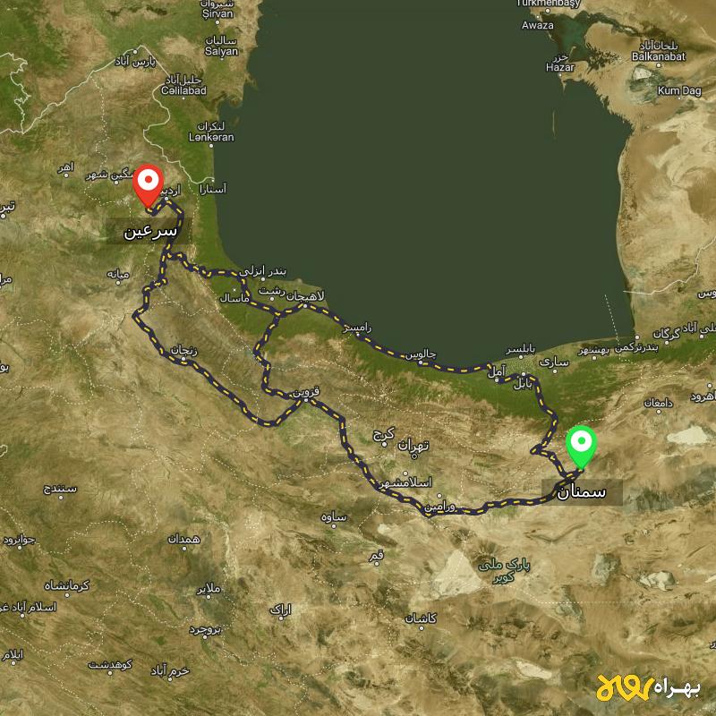 مسافت و فاصله سرعین - اردبیل تا سمنان از ۳ مسیر - آبان ۱۴۰۳
