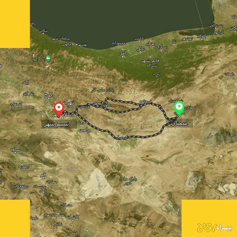 مسافت و فاصله نسیم شهر - تهران تا سمنان از ۳ مسیر - مرداد ۱۴۰۳