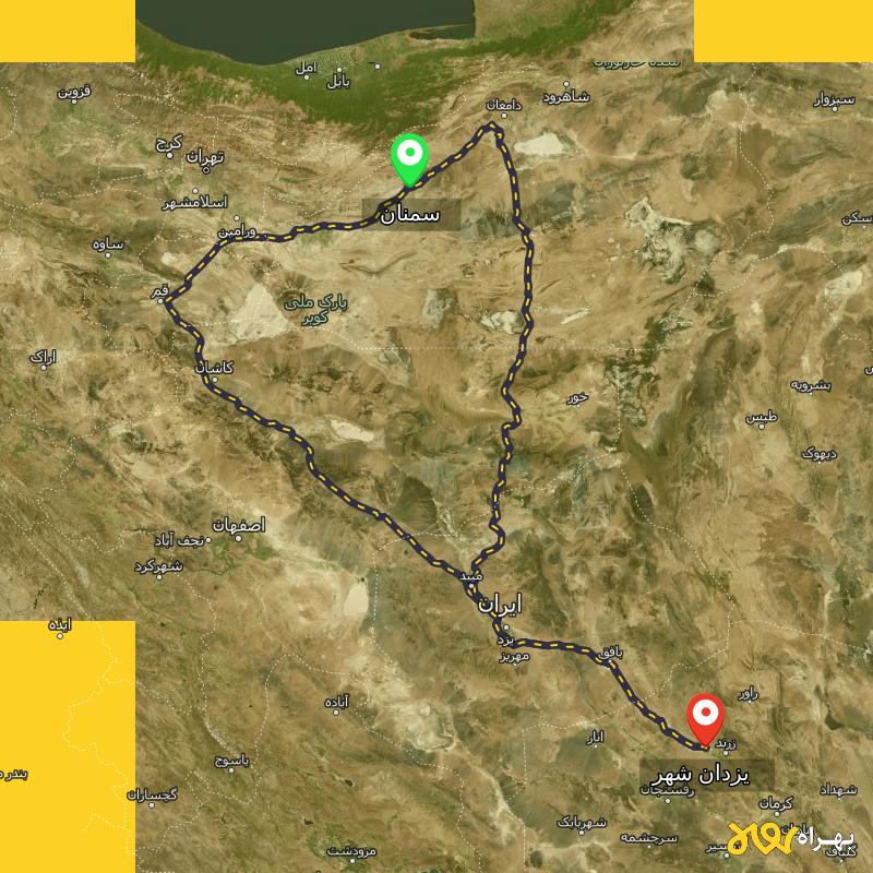 مسافت و فاصله یزدان شهر - کرمان تا سمنان از ۲ مسیر - آذر ۱۴۰۳