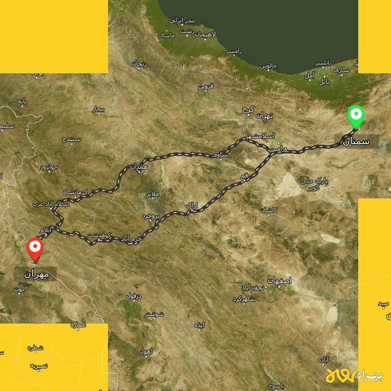 مسافت و فاصله مهران - ایلام تا سمنان از ۲ مسیر - آذر ۱۴۰۳
