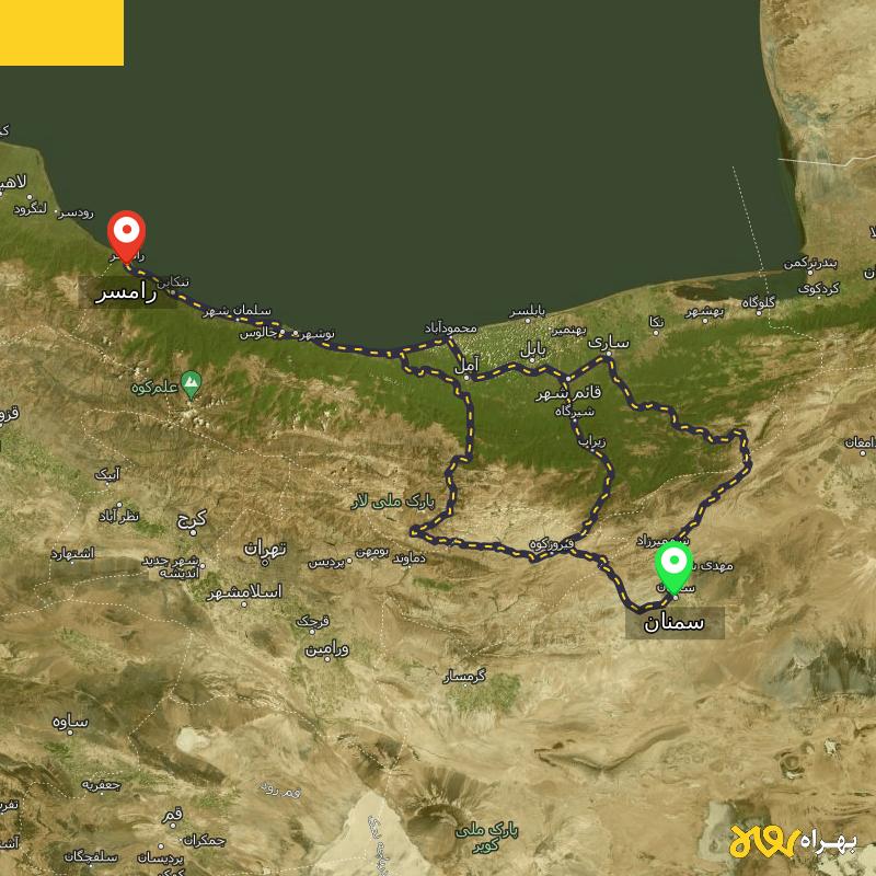 مسافت و فاصله رامسر - مازندران تا سمنان از ۳ مسیر - مرداد ۱۴۰۳
