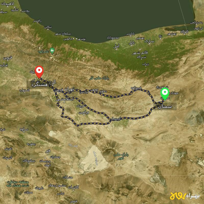 مسافت و فاصله هشتگرد تا سمنان از ۳ مسیر - مرداد ۱۴۰۳