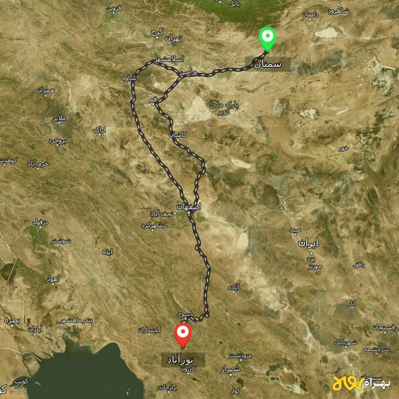 مسافت و فاصله نورآباد - نورآباد ممسنی تا سمنان از ۲ مسیر - آذر ۱۴۰۳