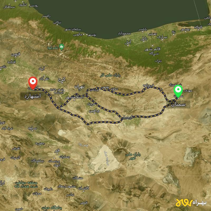 مسافت و فاصله اشتهارد - البرز تا سمنان از ۳ مسیر - مهر ۱۴۰۳