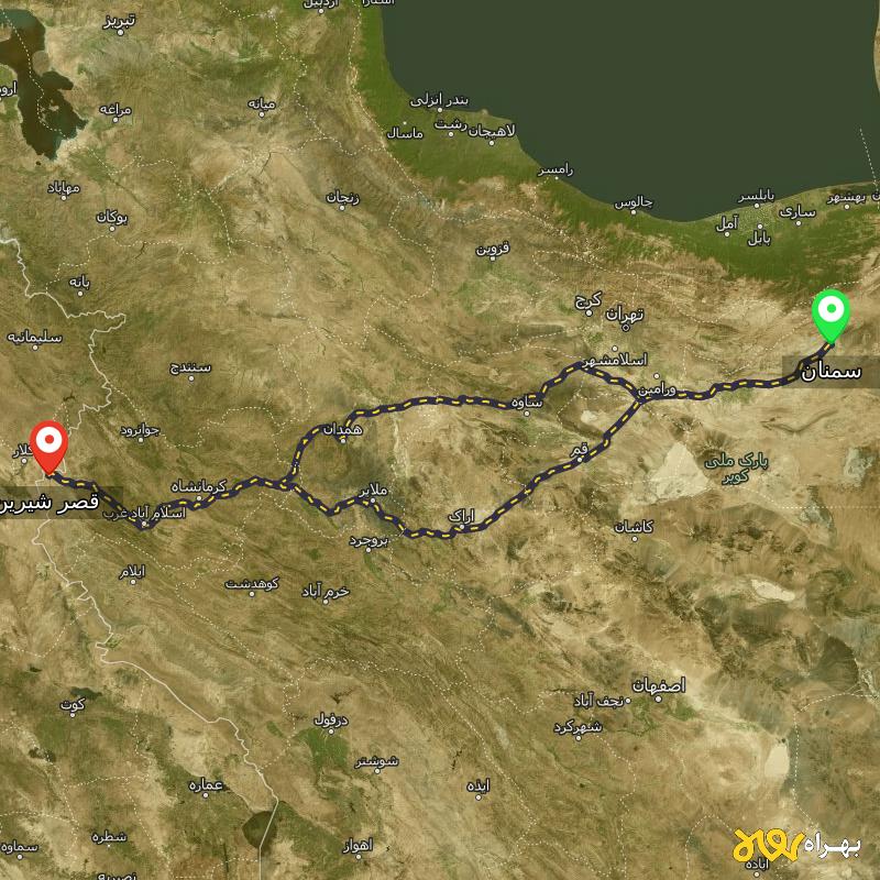 مسافت و فاصله قصر شیرین - کرمانشاه تا سمنان از ۲ مسیر - بهمن ۱۴۰۳