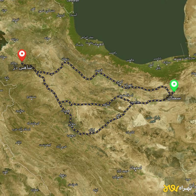 مسافت و فاصله شاهین دژ - آذربایجان غربی تا سمنان از ۳ مسیر - دی ۱۴۰۳