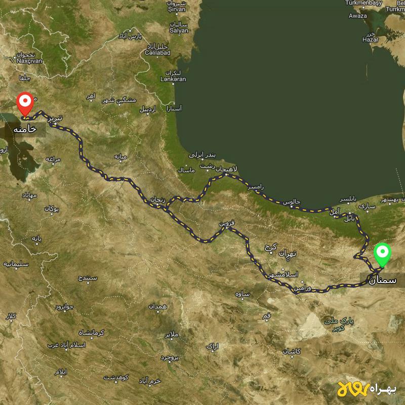 مسافت و فاصله خامنه - آذربایجان شرقی تا سمنان از ۲ مسیر - مرداد ۱۴۰۳