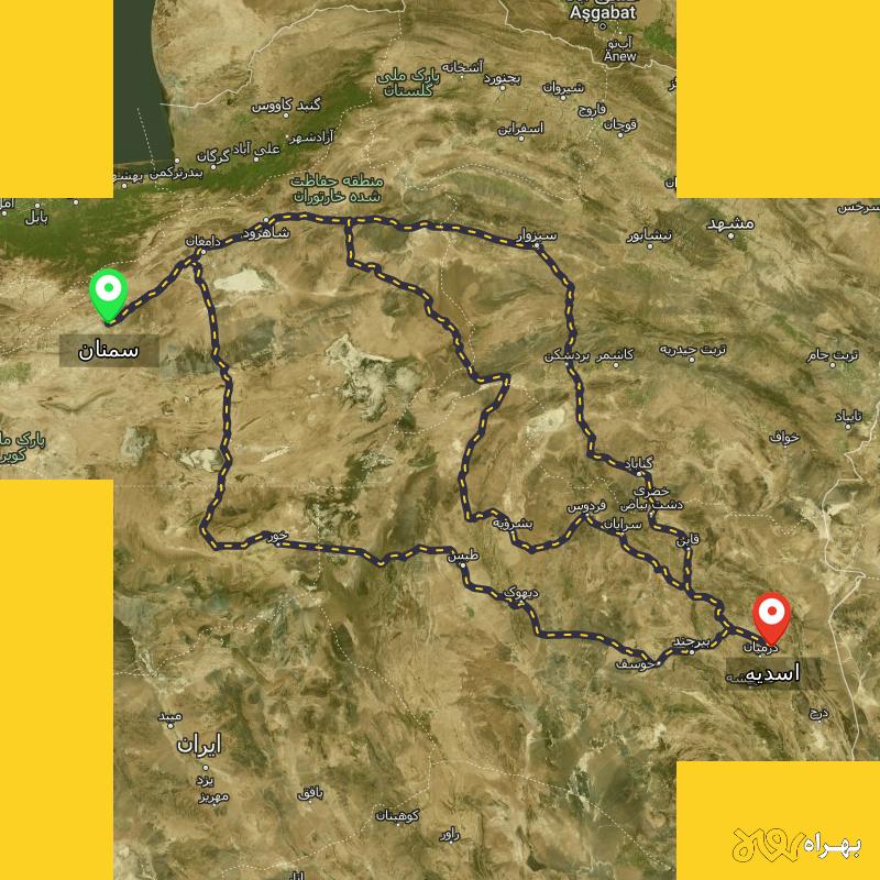 مسافت و فاصله اسدیه - خراسان جنوبی تا سمنان از ۳ مسیر - آذر ۱۴۰۳
