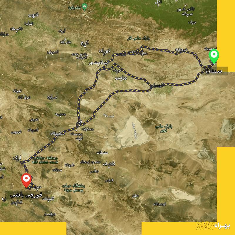 مسافت و فاصله قورچی باشی - مرکزی تا سمنان از ۳ مسیر - بهمن ۱۴۰۳
