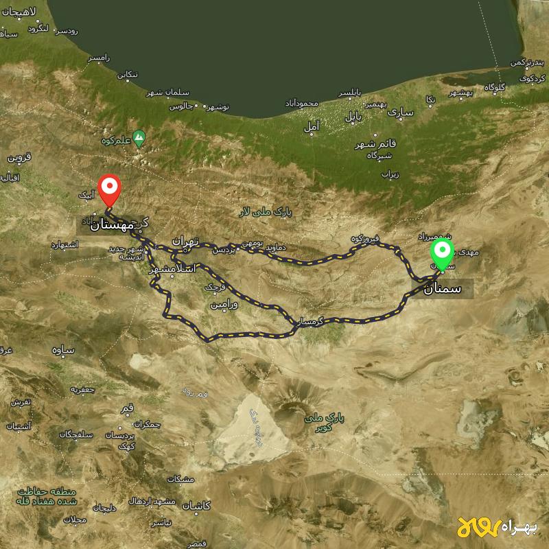 مسافت و فاصله مهستان تا سمنان از ۳ مسیر - آذر ۱۴۰۳