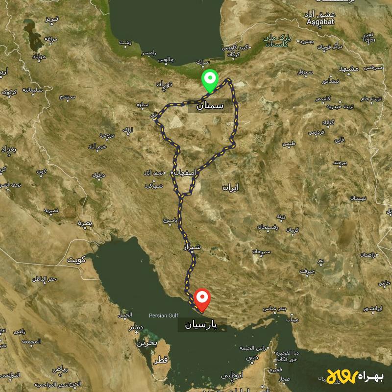 مسافت و فاصله پارسیان - هرمزگان تا سمنان از ۲ مسیر - اردیبهشت ۱۴۰۳
