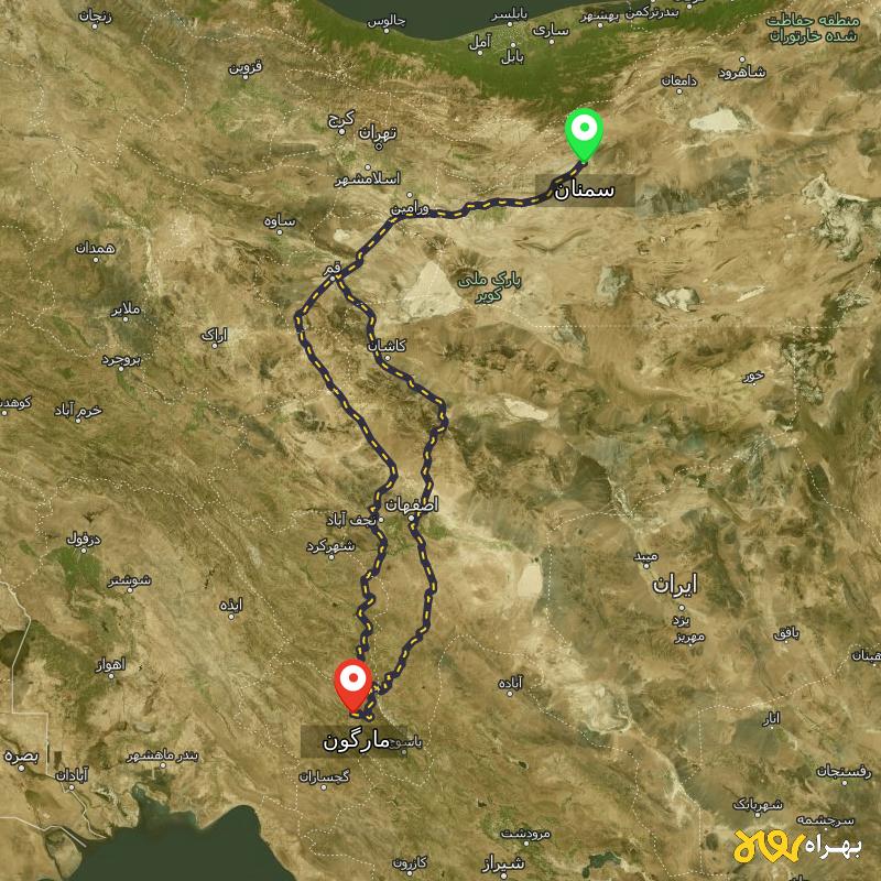 مسافت و فاصله مارگون - کهگیلویه و بویر احمد تا سمنان از ۲ مسیر - آبان ۱۴۰۳