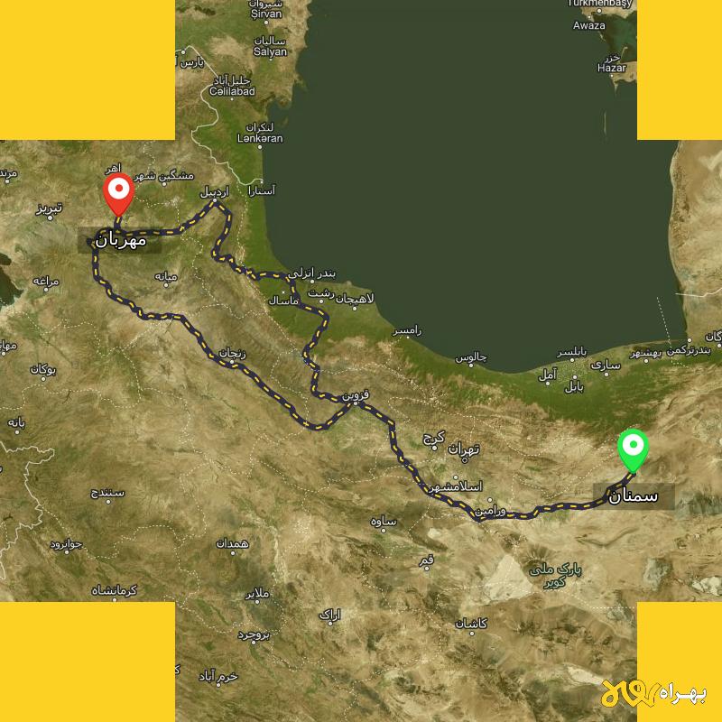 مسافت و فاصله مهربان - آذربایجان شرقی تا سمنان از ۲ مسیر - شهریور ۱۴۰۳