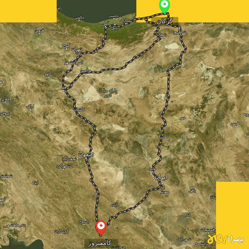 مسافت و فاصله کامفیروز - فارس تا گرگان از ۳ مسیر - شهریور ۱۴۰۳