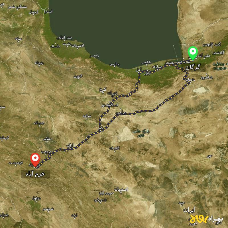 مسافت و فاصله خرم آباد تا گرگان از ۲ مسیر - مرداد ۱۴۰۳