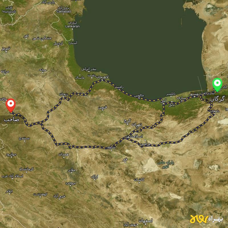 مسافت و فاصله صاحب - کردستان تا گرگان از ۳ مسیر - مرداد ۱۴۰۳