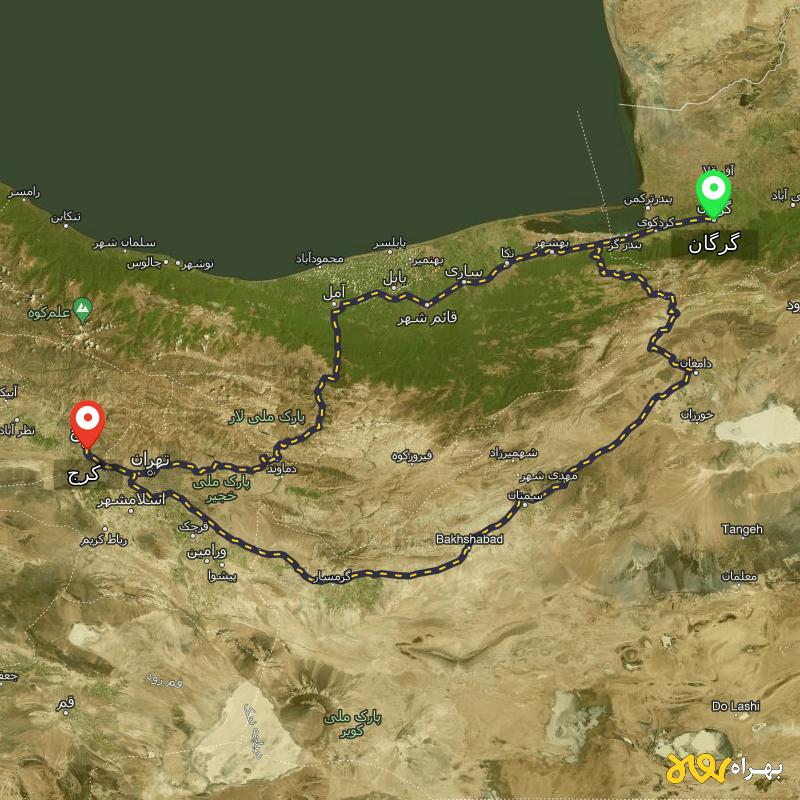 مسافت و فاصله کرج تا گرگان از ۲ مسیر - مرداد ۱۴۰۳