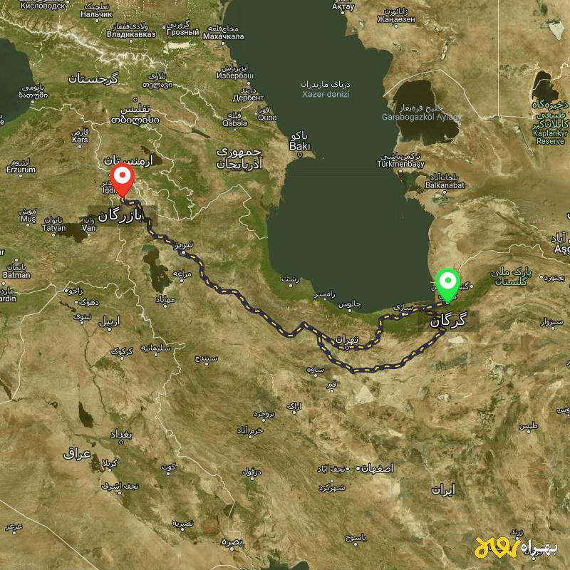 مسافت و فاصله بازرگان - آذربایجان غربی تا گرگان از ۲ مسیر - آذر ۱۴۰۳