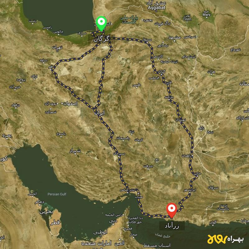 مسافت و فاصله زرآباد - سیستان و بلوچستان تا گرگان از ۳ مسیر - بهمن ۱۴۰۳
