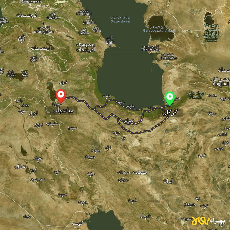 مسافت و فاصله میاندوآب - آذربایجان غربی تا گرگان از 3 مسیر - مسیریاب بهراه