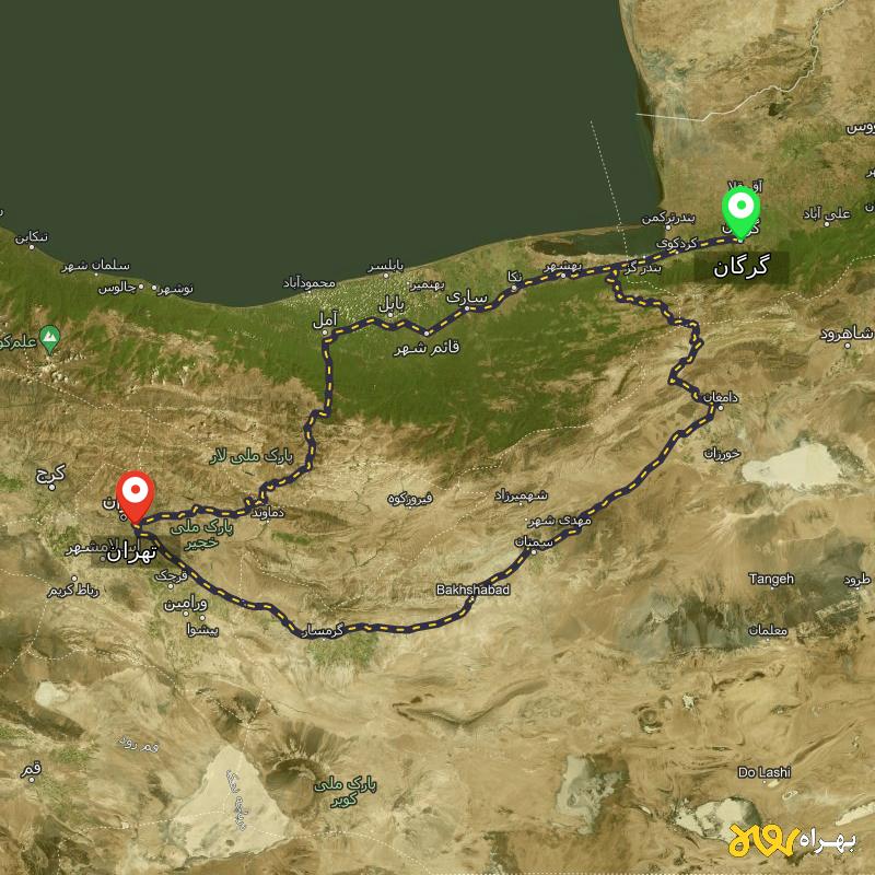 مسافت و فاصله تهران تا گرگان از 2 مسیر - مسیریاب بهراه