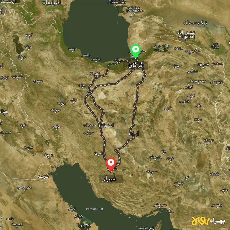 مسافت و فاصله شیراز تا گرگان از ۳ مسیر - اردیبهشت ۱۴۰۳