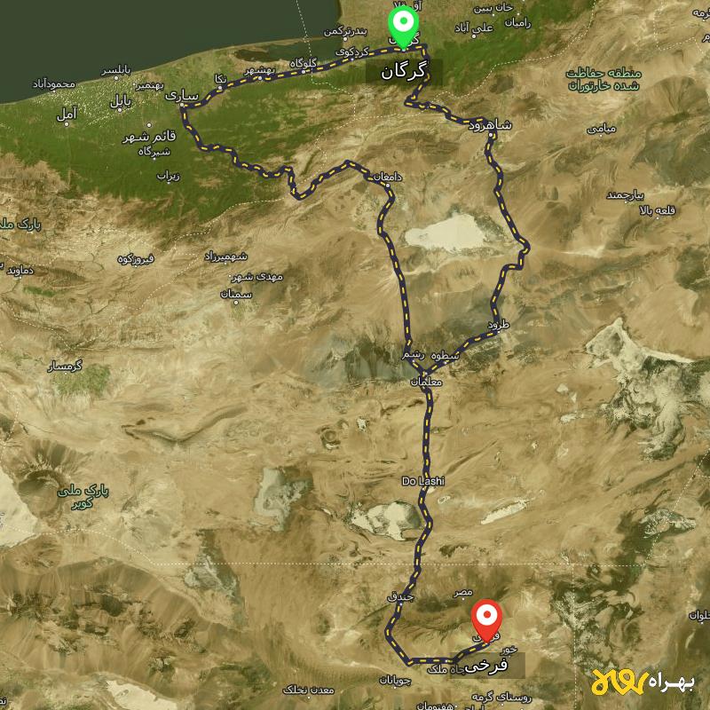 مسافت و فاصله فرخی - اصفهان تا گرگان از ۲ مسیر - آذر ۱۴۰۳