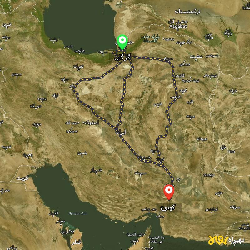 مسافت و فاصله کهنوج - کرمان تا گرگان از ۳ مسیر - بهمن ۱۴۰۳
