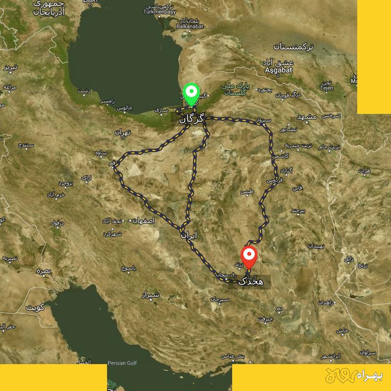 مسافت و فاصله هجدک - کرمان تا گرگان از ۳ مسیر - آذر ۱۴۰۳