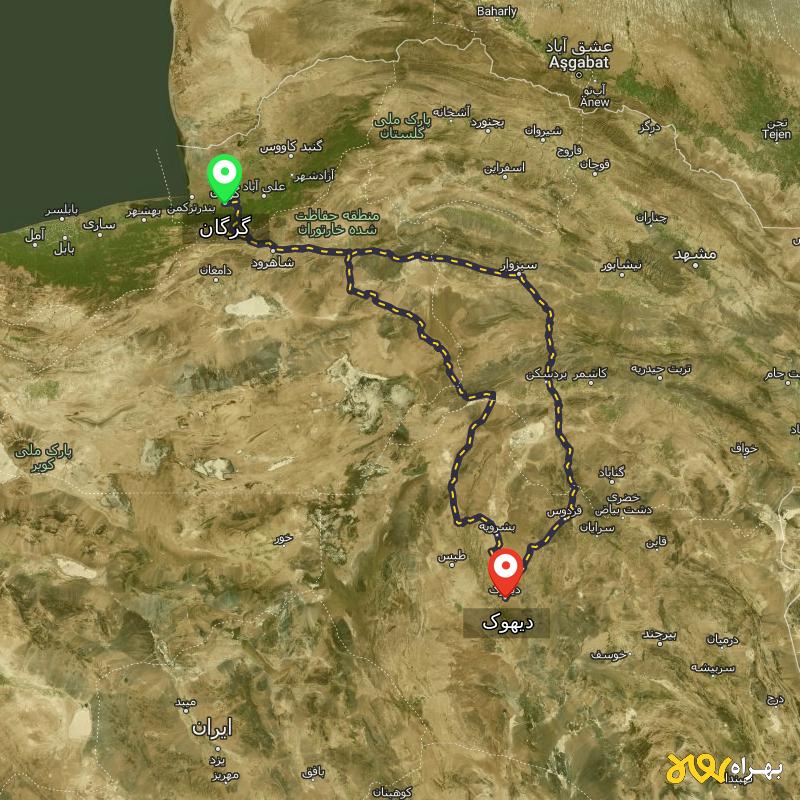 مسافت و فاصله دیهوک - خراسان جنوبی تا گرگان از ۲ مسیر - آذر ۱۴۰۳