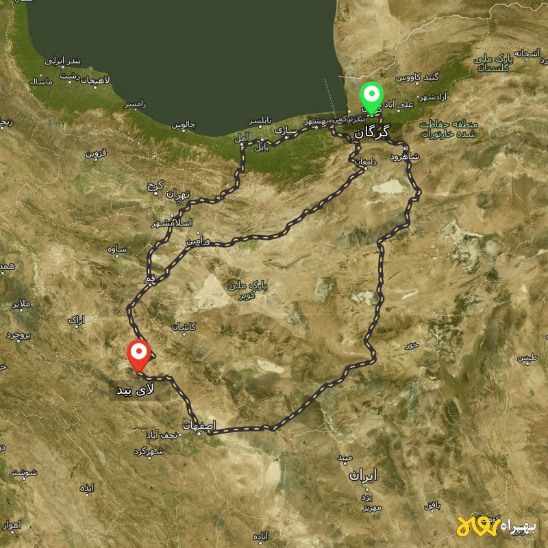 مسافت و فاصله لای بید - اصفهان تا گرگان از ۳ مسیر - مرداد ۱۴۰۳