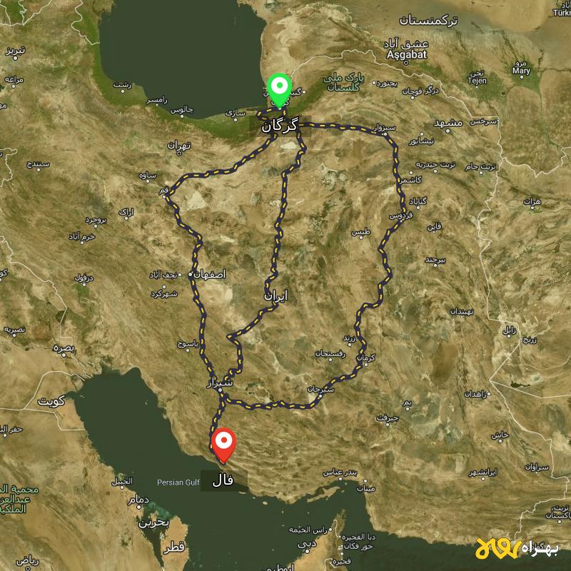 مسافت و فاصله فال - فارس تا گرگان از ۳ مسیر - آبان ۱۴۰۳