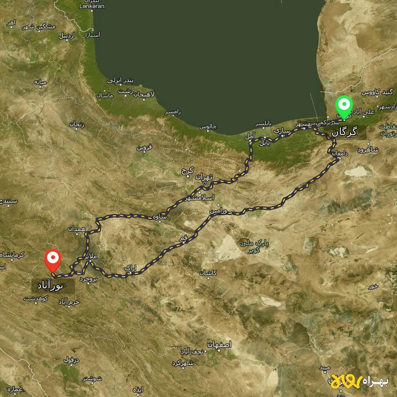 مسافت و فاصله نورآباد - لرستان تا گرگان از ۲ مسیر - آذر ۱۴۰۳
