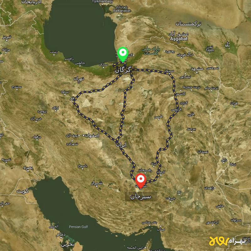 مسافت و فاصله سیرجان تا گرگان از ۳ مسیر - آذر ۱۴۰۳