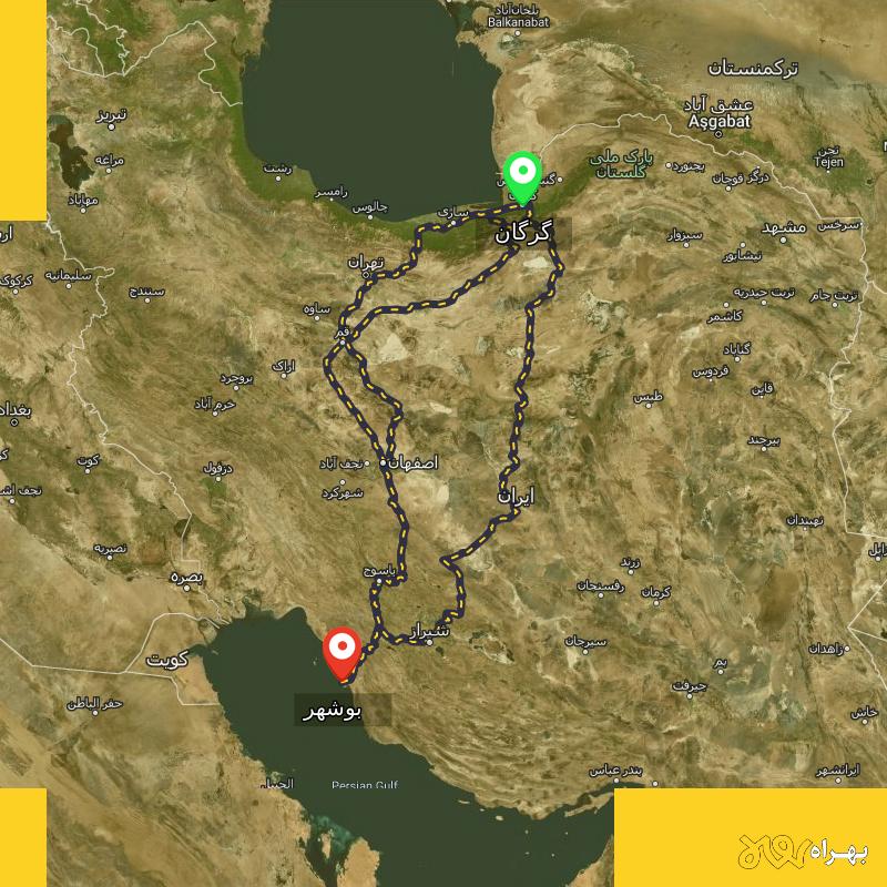 مسافت و فاصله بوشهر تا گرگان از ۳ مسیر - مرداد ۱۴۰۳
