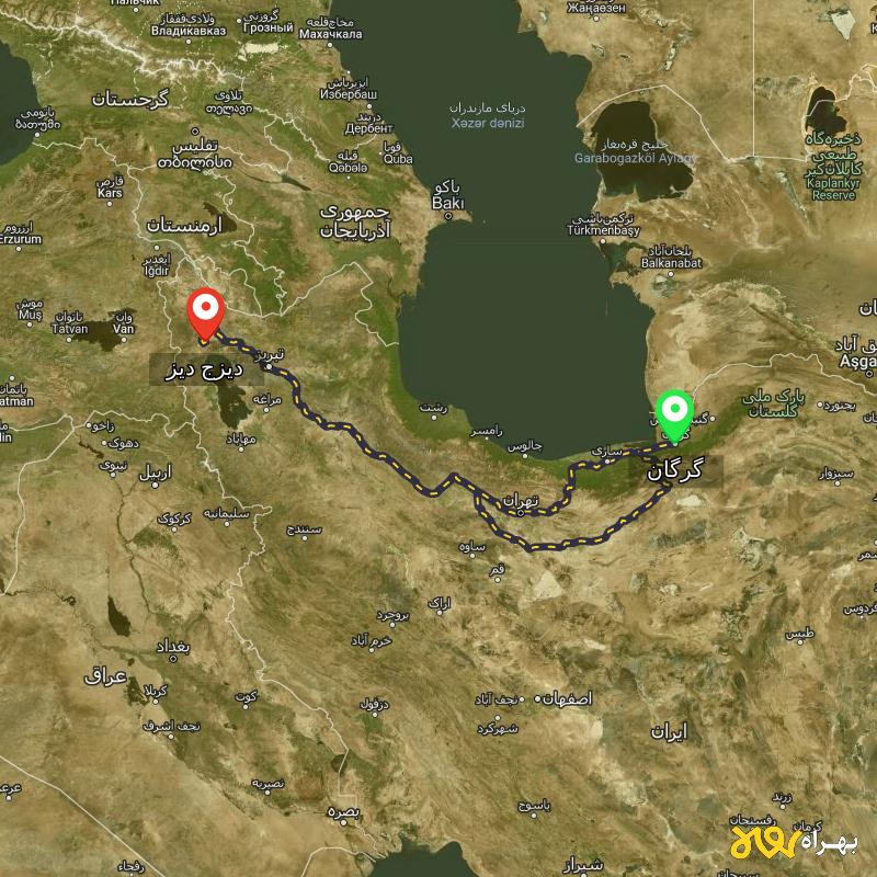 مسافت و فاصله دیزج دیز - آذربایجان غربی تا گرگان از ۲ مسیر - شهریور ۱۴۰۳