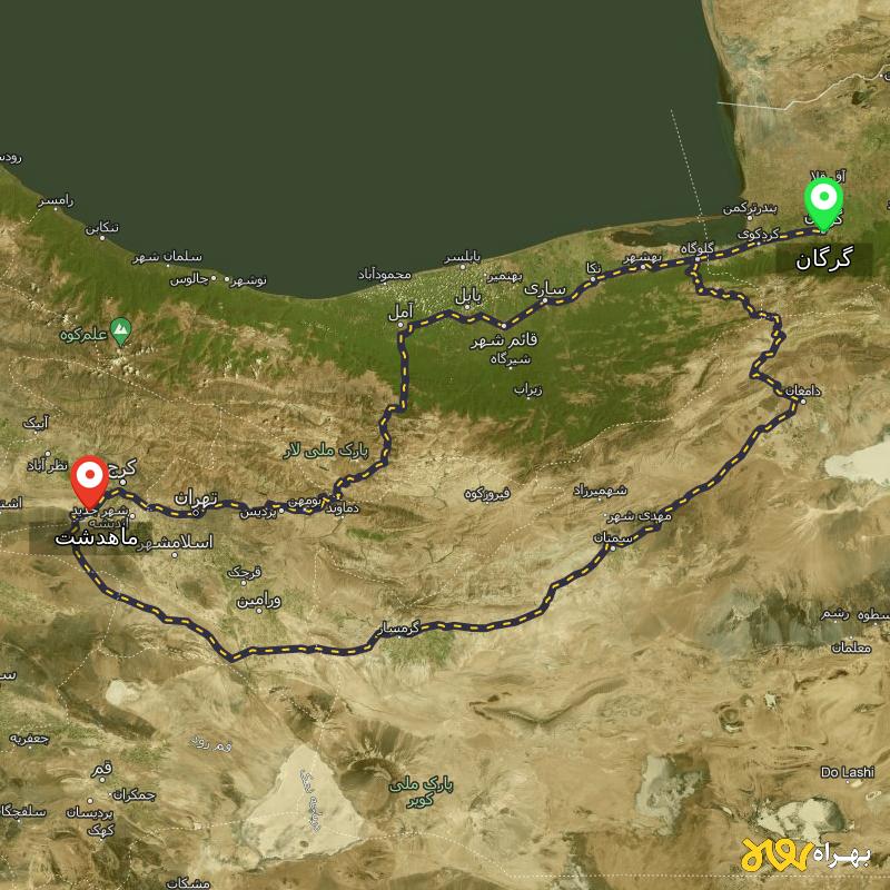 مسافت و فاصله ماهدشت - البرز تا گرگان از ۲ مسیر - شهریور ۱۴۰۳