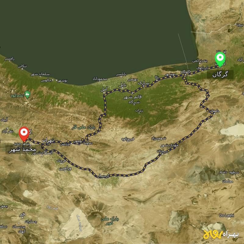 مسافت و فاصله محمد شهر - البرز تا گرگان از ۲ مسیر - دی ۱۴۰۳
