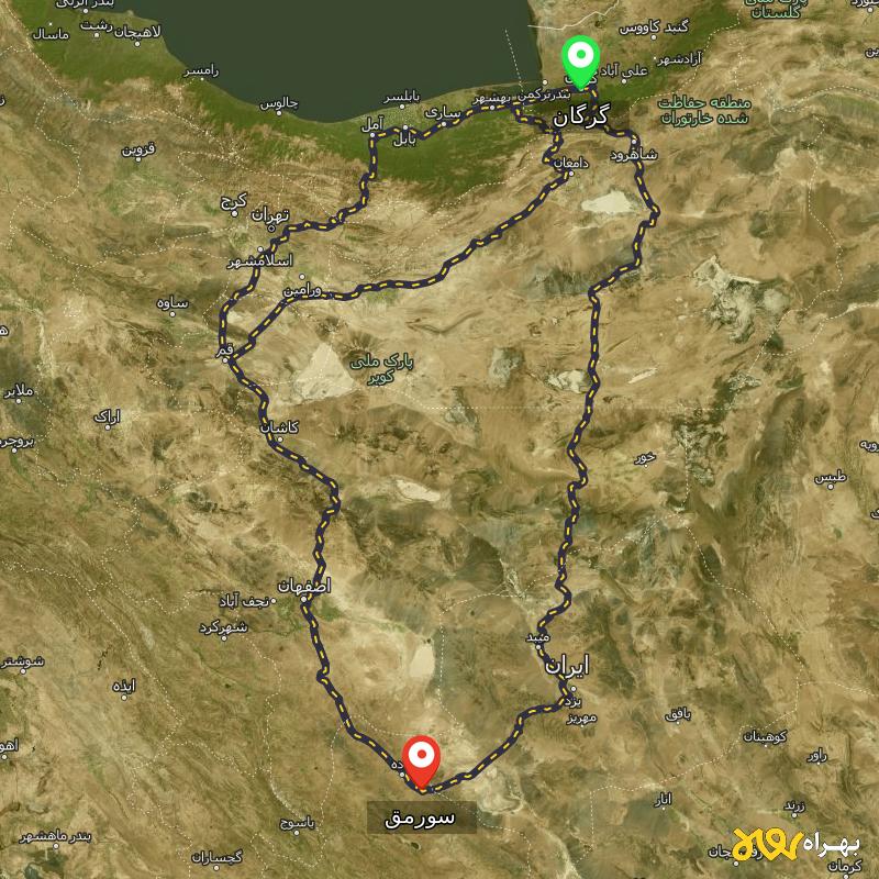 مسافت و فاصله سورمق - فارس تا گرگان از ۳ مسیر - مرداد ۱۴۰۳
