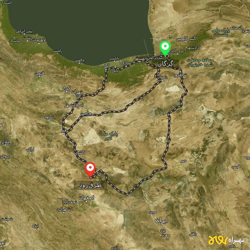 مسافت و فاصله طرق‌رود - اصفهان تا گرگان از ۳ مسیر - اسفند ۱۴۰۳