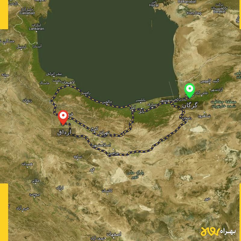 مسافت و فاصله ارداق - قزوین تا گرگان از ۳ مسیر - اردیبهشت ۱۴۰۳