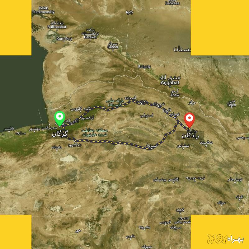 مسافت و فاصله رادکان - خراسان رضوی تا گرگان از ۲ مسیر - شهریور ۱۴۰۳