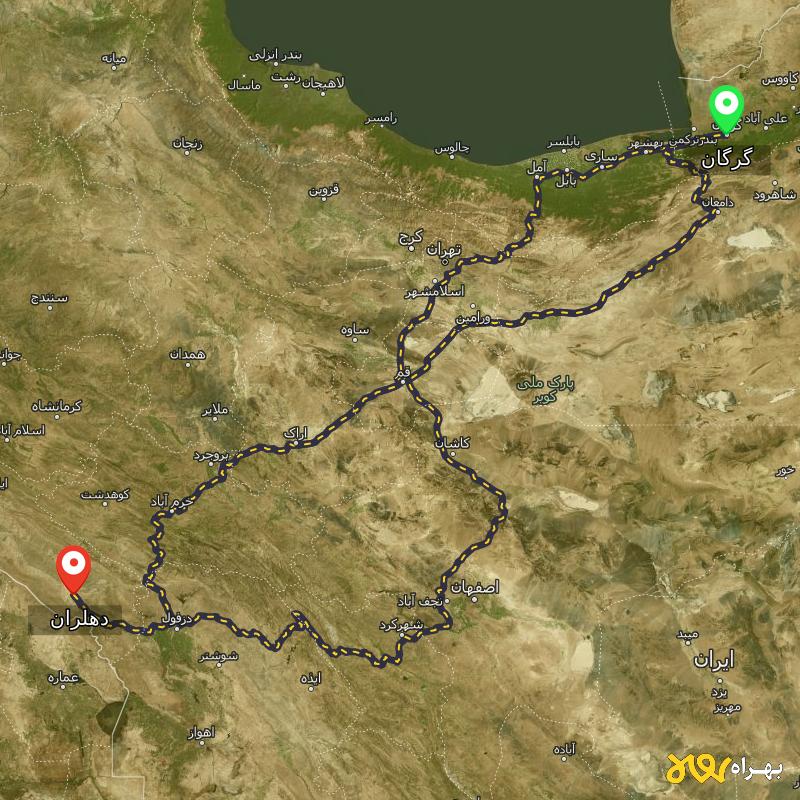 مسافت و فاصله دهلران - ایلام تا گرگان از ۳ مسیر - آذر ۱۴۰۳