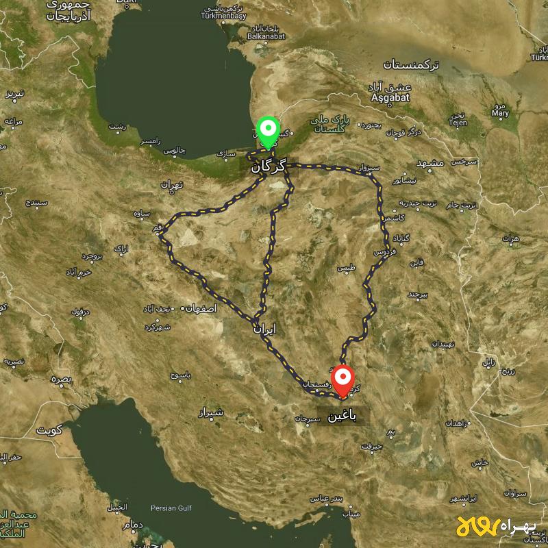 مسافت و فاصله باغین - کرمان تا گرگان از ۳ مسیر - آذر ۱۴۰۳