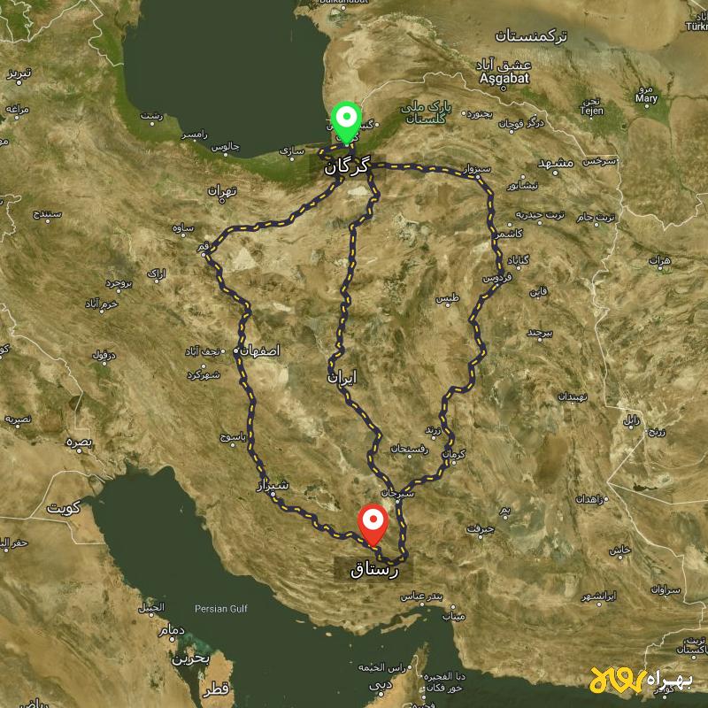 مسافت و فاصله رستاق - فارس تا گرگان از ۳ مسیر - مرداد ۱۴۰۳